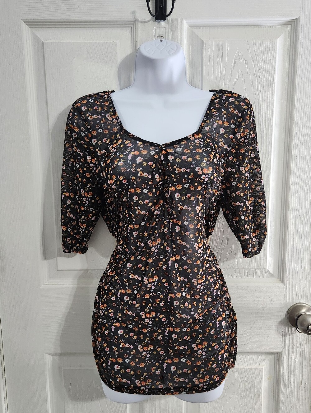 Vintage Y2K Black floral mesh rouched blouse sheer dark romantic feminine XL